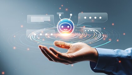 Human Hand Interacting with Holographic AI Chatbot Interface Representing Digital Communication and Intelligent Assistance