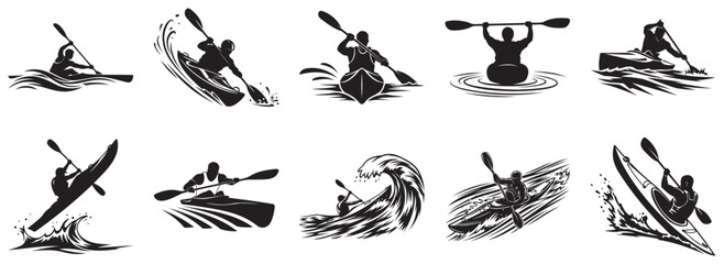 Naklejka premium Various black and white silhouette illustrations of people kayaking