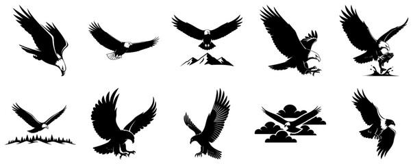 Collection of ten black and white eagle silhouette vector illustrations