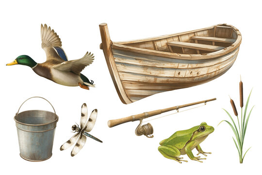 Pastel Fishing Clipart Set &ndash; Vintage Wooden Boat, Mallard Duck, Green Frog, Dragonfly, Bucket Perfect for outdoor-themed posters,  invitations, packaging. Nature set, River and Swamp elements lovers