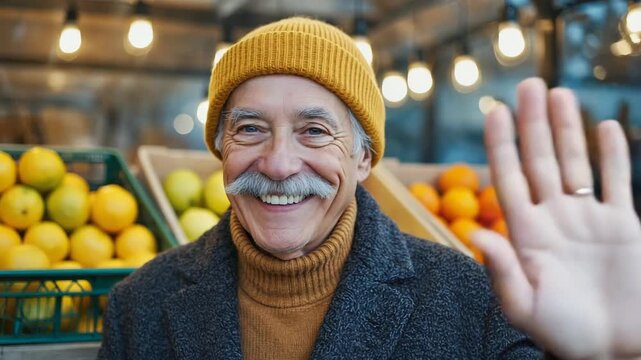 Happy senior caucasian man with a mustache waving hello at a local farmers market. Sequence of portraits showing a positive and friendly retired male shopping for fresh fruit