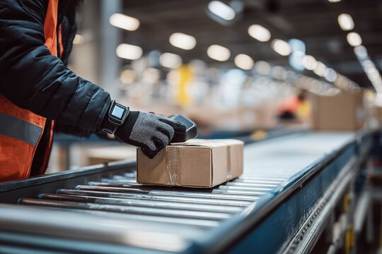 Worker scanning package in busy warehouse during daytime operations