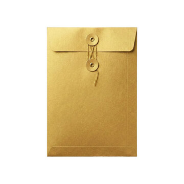 A brown kraft paper envelope with string and button closure, transparent background