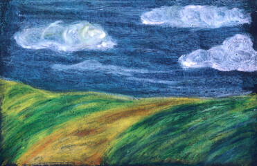 Pastel countryside landscape under a vivid sky