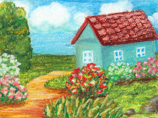 Pastel garden house surrounded by blooming flowers