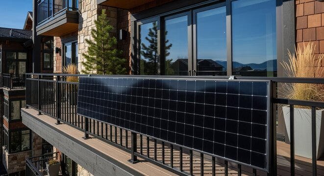 Close-up of Super Wide Dark Glossy Solar Panel with visible square solar cells, Dwarf Pine Tree on Balcony of Stone Condominium, Lake Tahoe, California, USA - Powered by Adobe