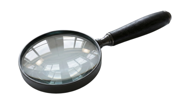 A classic magnifying glass with a wooden handle, transparent background