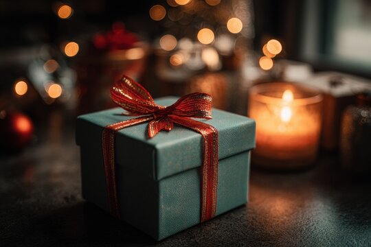 Green gift box with red bow placed on dark surface, surrounded by warm candlelight and festive decorations, creating a cozy holiday atmosphere for New Year and Christmas celebrations