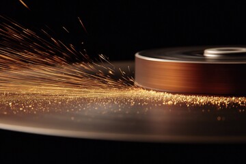 Sparks flying from metal during precision grinding in a workshop at sunset