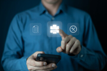 Cloud printing concept. Man use smartphone to wireless printer. Cloud print concept