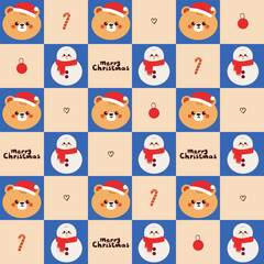 cute patchwork style background with cartoon bear and christmas element drawing. cute pattern for christmas and winter