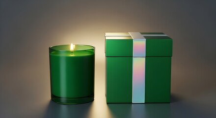 Emerald candle and gift box illuminated with holographic gold highlights in a futuristic holiday scene