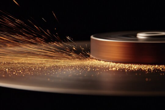 Sparks flying from metal during precision grinding in a workshop at sunset