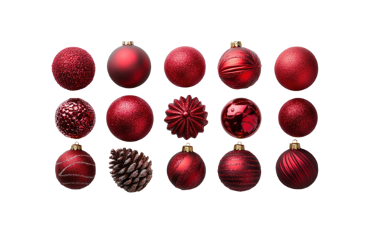 Festive Baubles and a Pine Cone: A vibrant assortment of red ornaments and a solitary pine cone evoke the magic of the holiday season, radiating warmth and joyful anticipation.
