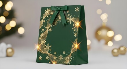 Luxury emerald gift bag with holographic gold accents in a modern premium Christmas display