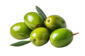 Obraz premium Five glossy green olives with leaves on black background shiny, Isolated On Transparent Background, Png