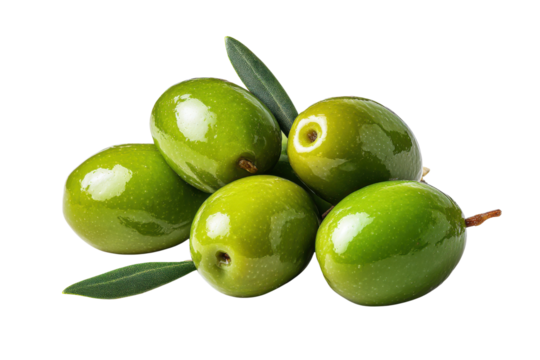 Five glossy green olives with leaves on black background shiny, Isolated On Transparent Background, Png - Powered by Adobe