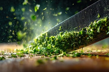 Chopping fresh herbs on a wooden cutting board in a well-lit kitchen during meal preparation