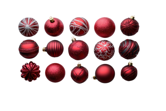 Festive Sphere Array: A vibrant array of diverse red spherical ornaments, each adorned with unique textures and patterns, ready to enhance the joyous spirit of the holidays.