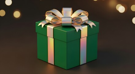 Luxury emerald gift box with holographic gold bow in a clean modern Christmas hero shot