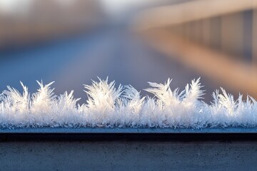 Frost crystals form a beautiful pattern on a metal surface in the early morning light near a bridge