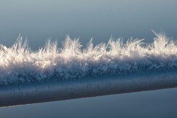 Frost crystals form along a metal surface in the early morning light in a cold winter landscape