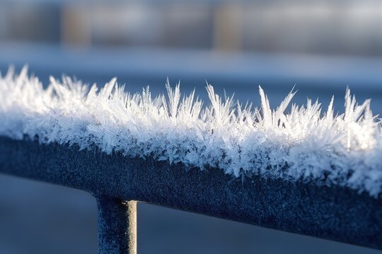 Frost crystals forming on a metal railing in a winter landscape during early morning hours - Powered by Adobe