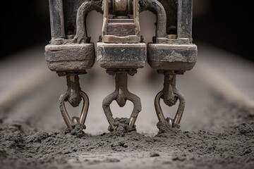 Heavy machinery operates on construction site with focus on equipment and ground material dust