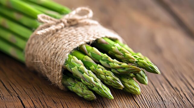 A bunch of fresh green asparagus spears tied with natural twine sits on a rustic wooden surface. The lighting is soft and natural, highlighting the texture of t - Powered by Adobe