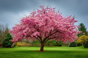 A vibrant cherry blossom tree bursts with pink flowers set against a cloudy sky on a lush, green lawn