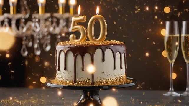 A sparkling golden 50th celebration scene with champagne glasses, confetti, and elegant bokeh lights in the background. - Powered by Adobe