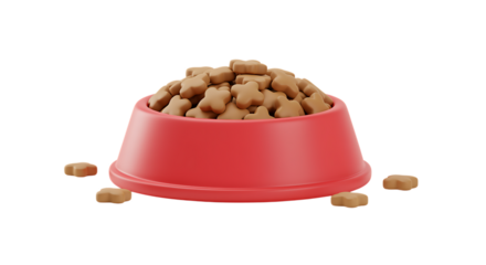 A red pet bowl overflowing with bone shaped dog food on transparent background