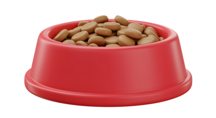 Red pet food bowl filled with dry kibble on transparent background
