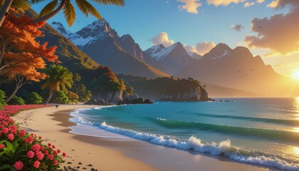 Jalan santai di pantai dengan latar belakang pegunungan