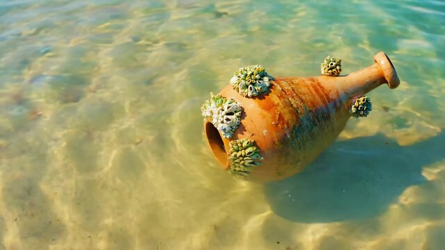 Ancient clay amphora covered with barnacles lies in shallow sea water. Sunken historical artifact or lost treasure from a shipwreck discovered on a sandy ocean floor