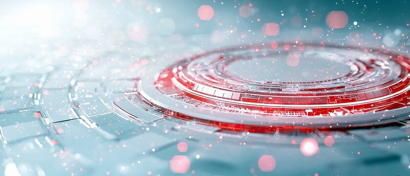 A close-up view of a complex, futuristic circular interface with glowing red accents and floating particles, set against a bright, abstract background.