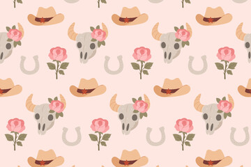 Western cowgirl seamless pattern, with hats, skulls, roses and horseshoes, swatch available in swatches panel