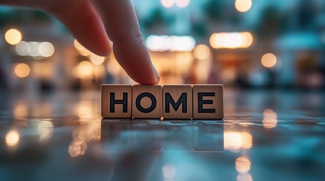 A hand gently touches wooden blocks spelling "HOME," set against a blurred, warm background, evoking feelings of comfort and belonging.