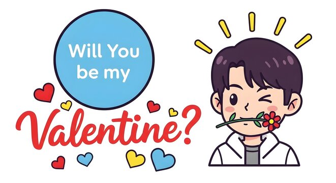 Cute cartoon boy proposing for valentines day with flower