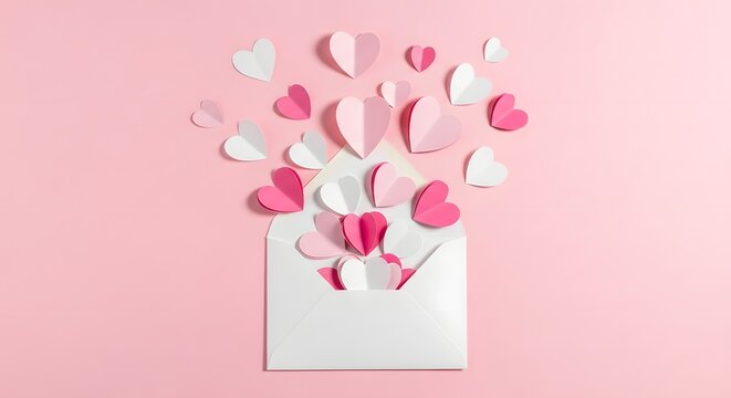 Love letter pink and white hearts bursting from envelope - Powered by Adobe