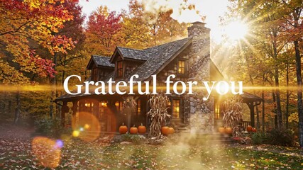 Grateful for you text on a cozy fall cabin. Thanksgiving greeting card or holiday message. Autumn celebration in nature setting, forest house. - Powered by Adobe