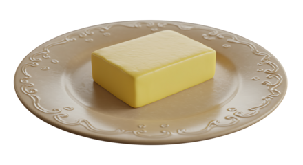 A pat of butter presented on a decorative plate on transparent background