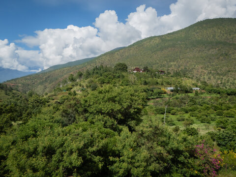 Aerial view of lush green vegetation blankets the rolling hills beneath a sky dotted with fluffy white clouds, Teoprongchu, Punakha, Bhutan.