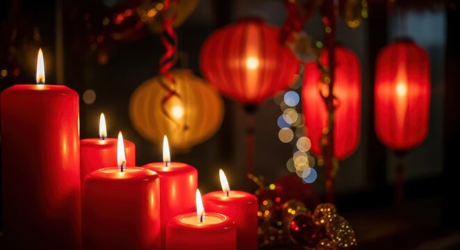 Red candles and traditional chinese lanterns illuminate a festive night