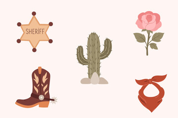 Western cowgirl clipart bundle with sheriff badge, cactus, rose flower, cowboy boot and bandana in soft rustic illustration style