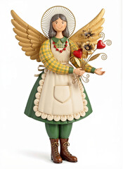 Whimsical Angel Figurine with Golden Wings and Heart Bouquet in Folk Art Style