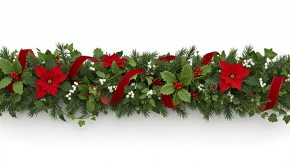 Festive Holiday Garland with Red Poinsettias, Holly, and Pine Boughs. Christmas traditional wreath