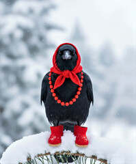 Stylish Crow in Red Scarf and Boots Standing on Snowy Branch in Winter Wonderland