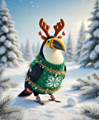 Festive Toucan in Winter Wonderland. Holiday Cheer with Christmas Sweater and Antlers