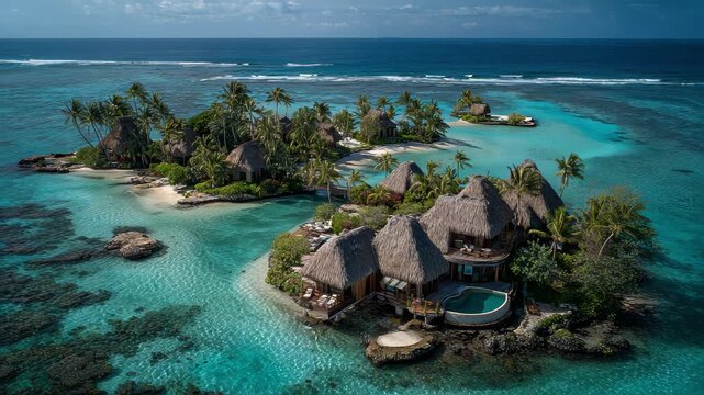 A secluded luxury villa on a private island, featuring overwater bungalows